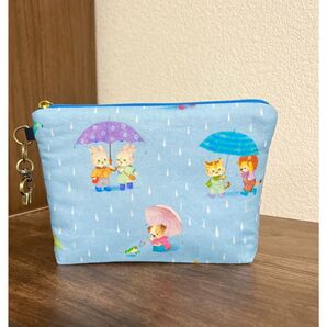 ☆ハンドメイド☆yukiemon ユキエモン レインポケット ブルー マチあり ちょこっと 台形 ポーチ【S】