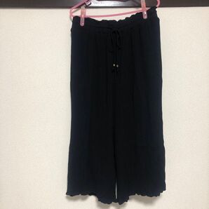レディース 黒のワイドパンツ 楊柳 裏地付き 春 夏 秋 Lサイズ