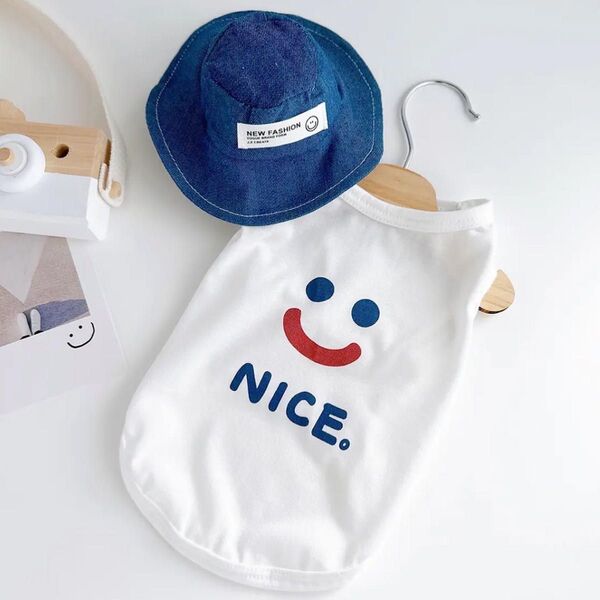 Mサイズ【新品】お洒落お出かけNICEタンク 帽子セット 犬服 ドッグウェア ペットウェア 小型犬 タンクトップ