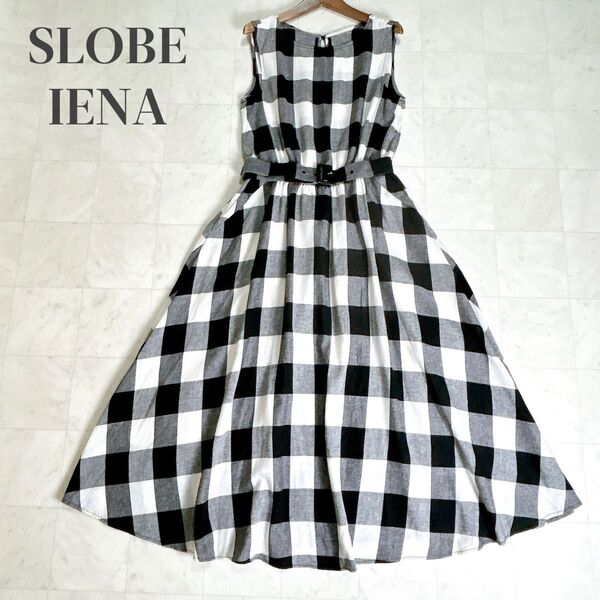 美品★ SLOBE IENA スローブイエナ ノースリーブ ワンピース ブロックチェック リネン ベルト付き