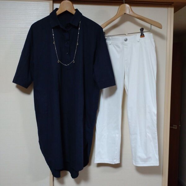 ベルーナ コットン シャツワンピース 七分袖 チュニック ワンピース パンツ 2点セット