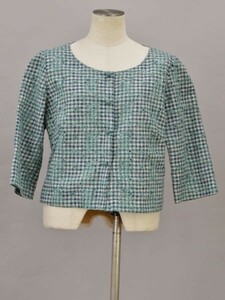  Sybilla Sybillalinen embroidery check no color jacket L size green × navy × eggshell white lady's F-L6363