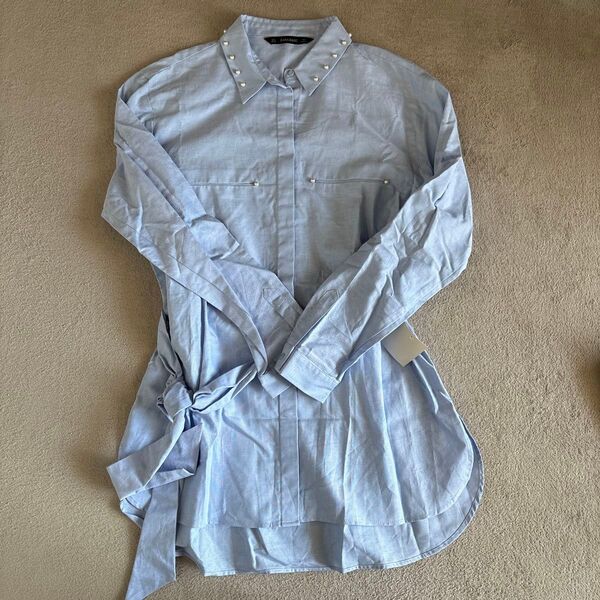 【新品未使用】ZARA デニムシャツワンピース パール付き 水色