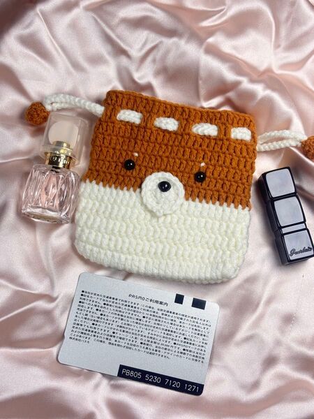 No6.柴犬 手編み 巾着袋 小物入れ ポーチ ハンドメイド