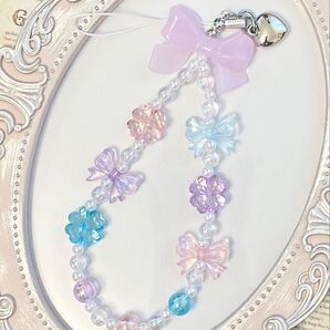 261 パープル リボン ピンク 水色 四葉 クローバー ビーズ ストラップ キーホルダー チャーム 韓国 紫陽花