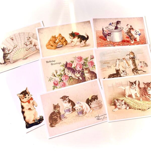 アンティーク猫ポストカードセット 8枚 絵葉書 西洋風 和風 絵画 アート Cat