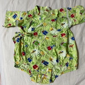 80 甚平 ロンパース 着物 浴衣 和服 綿 虫 かぶと虫 平仮名 夏 花火