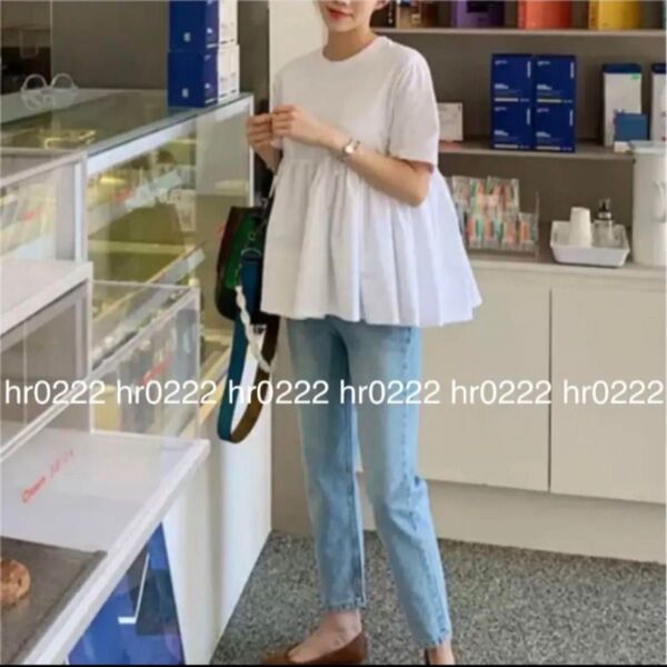 異素材切替ペプラムTシャツ★フレアカットソー フリル チュニック ブラウス 半袖