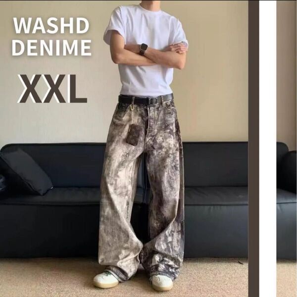 ウォッシュドデニム XXLサイズ バギーパンツ ワイドパンツ カモフラ