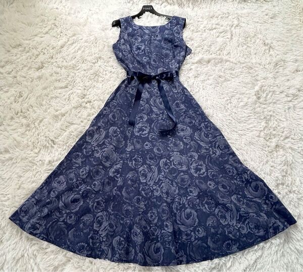 Laura Ashley ローラアシュレイ ロングワンピース Aライン フレア バラ 花柄 総柄 ウエストリボン M ネイビー