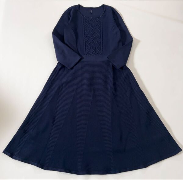 【美品】Leilian レリアン ビジュー ニットワンピース ロング 透かし柄 紺 大きめ 11号 L 紺 大きめ