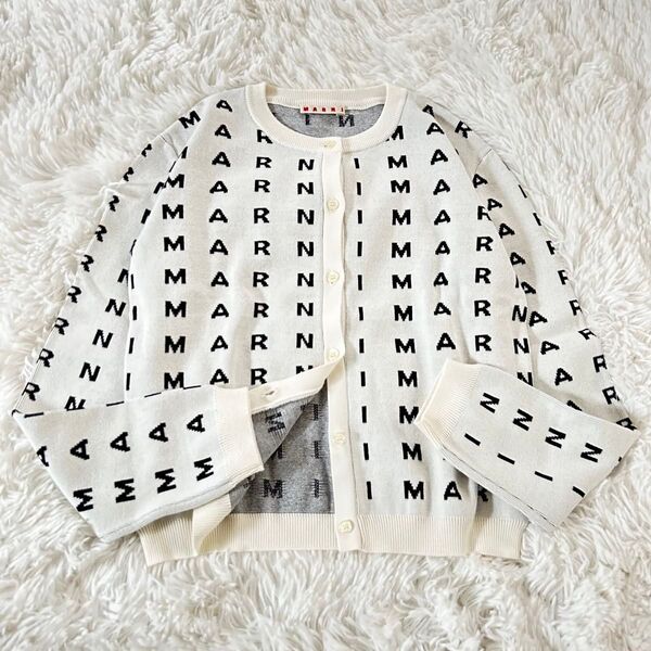 【極美品】MARNI マルニ ロゴ入り 総柄 コットンカーディガン S〜M相当