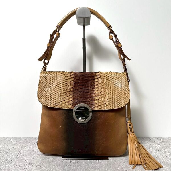 PRADA プラダ メタルロゴ タッセル ワンショルダーバッグ ハンドバッグ パイソン レザー 肩掛け ヴィンテージ