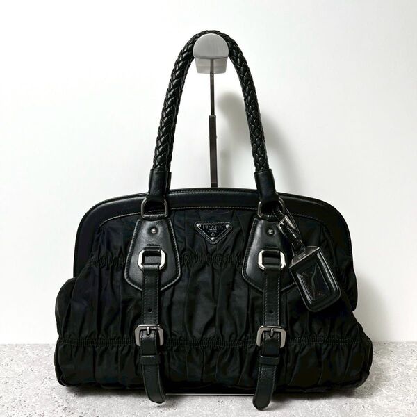 美品 PRADA プラダ ギャザー がま口 ハンドル編み込み トートバッグ ハンドバッグ 肩掛け 三角ロゴ ナイロン レザー