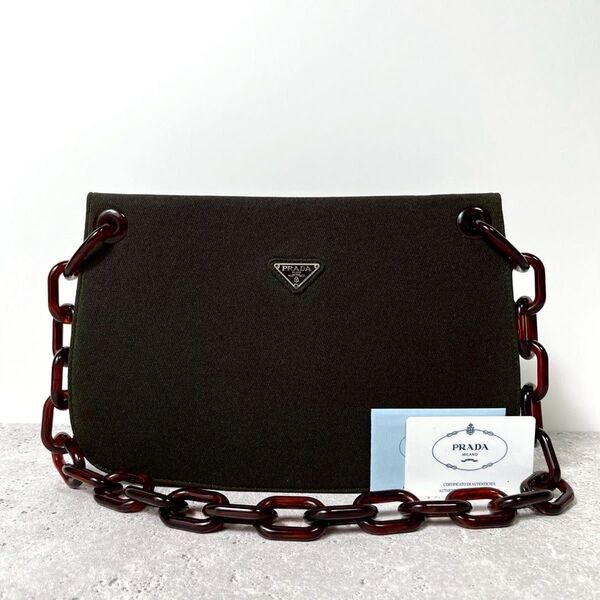 PRADA プラダ プラスチックチェーン べっ甲 キャンバス ショルダーバッグ ハンドバッグ ブラウン 三角ロゴ ヴィンテージ