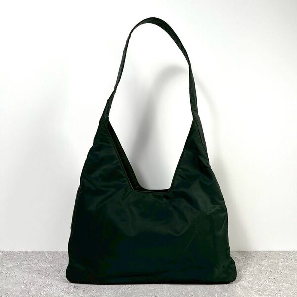 美品 PRADA プラダ ホーボー ワンショルダーバッグ セミショルダー 三角ロゴプレート カーキ テスートナイロン 肩掛け