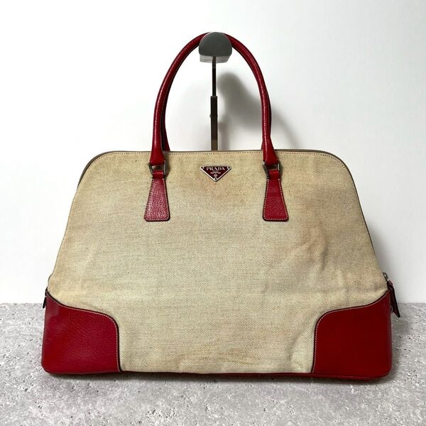 PRADA プラダ トートバッグ ハンドバッグ ミニボストンバッグ 三角ロゴ キャンバス レザー ベージュ レッド ヴィンテージ