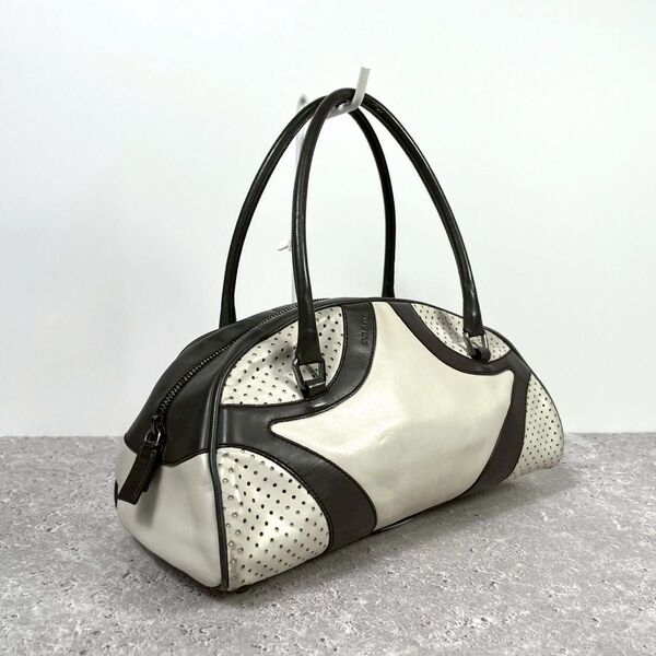 PRADA プラダ ハンドバッグ ミニボストンバッグ ボーリングバッグ 白 グレー オールレザー 肩掛け 白タグ ロゴ刻印