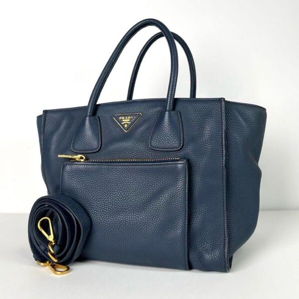 美品 プラダ PRADA 2way ヴィッテロダイノ トートバッグ ハンドバッグ ショルダーバッグ 三角ロゴ レザー ネイビー