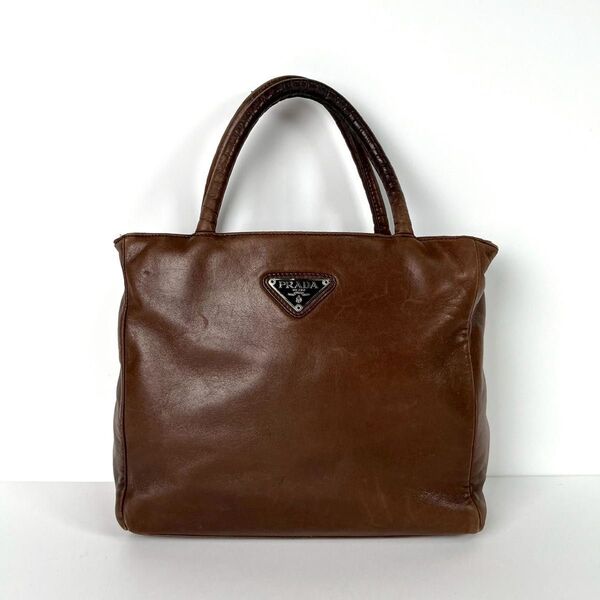 PRADA プラダ ヴィンテージ ハンドバッグ トートバッグ 三角ロゴ ナイロン レザー ブラウン 茶色 アンティーク 肩掛け