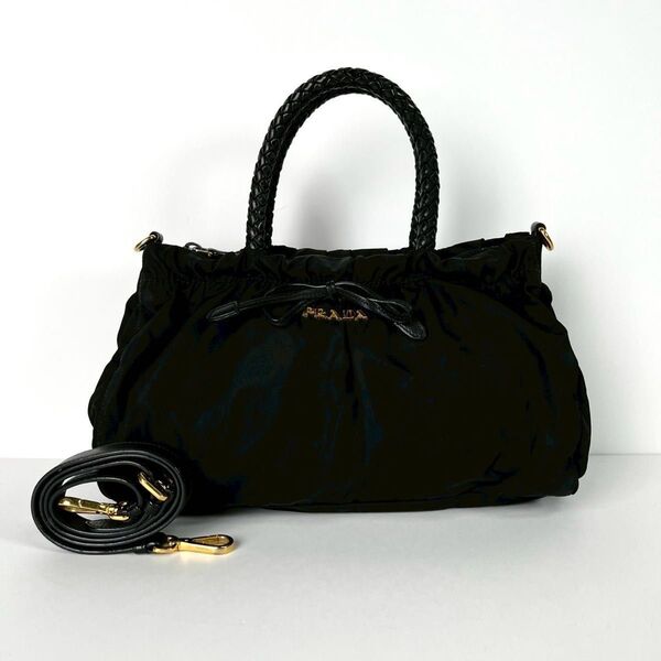 PRADA プラダ 2way リボン ギャザー ショルダーバッグ ハンドバッグ ナイロン レザー ブラック 黒 編み込み ハンドル