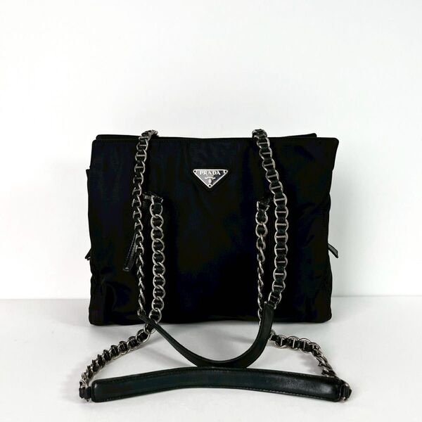 美品 PRADA プラダ チェーン ショルダーバッグ トートバッグ ハンドバッグ 三角ロゴ ナイロン レザー ブラック 肩掛け