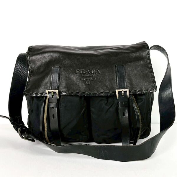 PRADA プラダ BT0582 ショルダーバッグ メッセンジャーバッグ ナイロン レザー ブラック ヴィンテージ ロゴ刻印