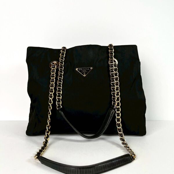 PRADA プラダ チェーン ショルダーバッグ トートバッグ 三角ロゴ ナイロン ブラック 黒 ゴールド金具 ヴィンテージ