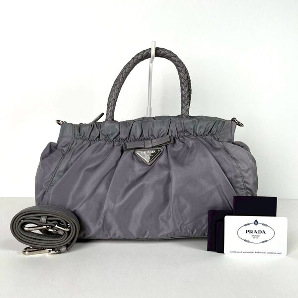 PRADA プラダ 2way リボン ギャザー ハンドバッグ ショルダーバッグ 三角ロゴ ナイロン グレー 斜め掛け 希少