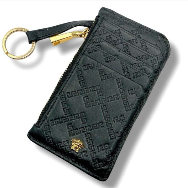 美品 VERSACE ヴェルサーチ フラグメントケース レザー ブラック メデューサ 総柄 コインケース カードケース キーリング