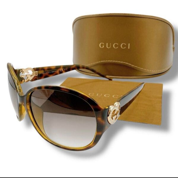 極美品 GUCCI グッチ サングラス インターロッキング ハート ベッコウ GG3530 マイクロGGケース ラインストーン