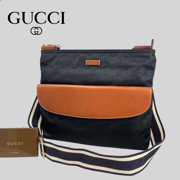 ■GUCCI グッチ■ GG柄 GGナイロン ショルダーバッグ レザーフラップ