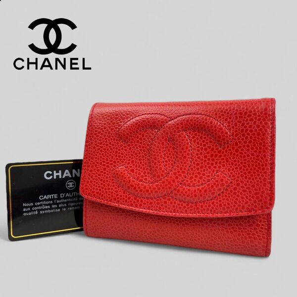 ほぼ未使用■シャネル CHANEL■ キャビアスキン デカココマーク 三つ折財布