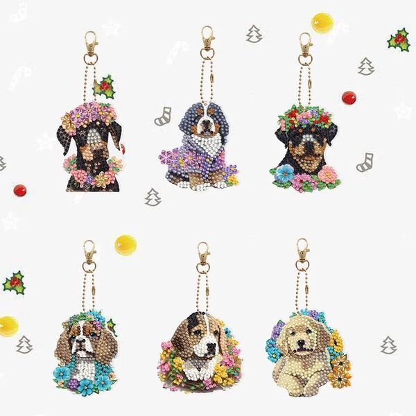 ダイアモンドアートキット 犬 6個セット ハンドメイド キラキラビーズ 可愛い キーホルダー かわいい DIY 手作り モザイク
