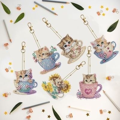 猫ティーカップ 6個セット キラキラビーズ 手作り ハンドクラフ卜 ダイアモンドアート DIY ネコ好き アクセサリー