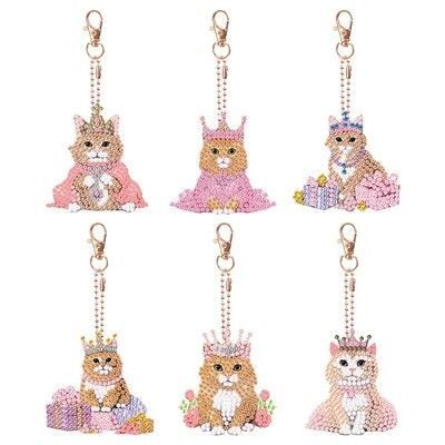 ダイヤモンドアート 猫王冠 6個セット アクセサリーキット ハンドクラフト 可愛い 猫好き ハンドメイド キーホルダー ゴールド
