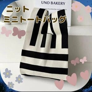 ニットバッグ ミニ 白 ランチバッグ ブラック ニット 秋 冬 マチ エコバッグ トートバッグ ランチ サブバッグ ニット