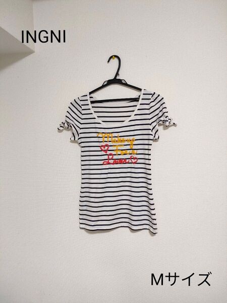 レディースINGNI半袖カットソーTシャツ ボーダー Tシャツ 紺色×白 ロゴT Uネック袖リボン ナチュラルカジュアル サイズM