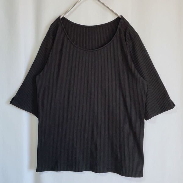 GU Tシャツ カットソー リブ 五分袖 XL 黒.2522