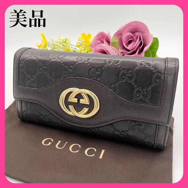 美品!グッチGUCCIスーキー長財布 インターロッキング GGシマレザー ダークブラウン 茶 L字ファスナー フラップ