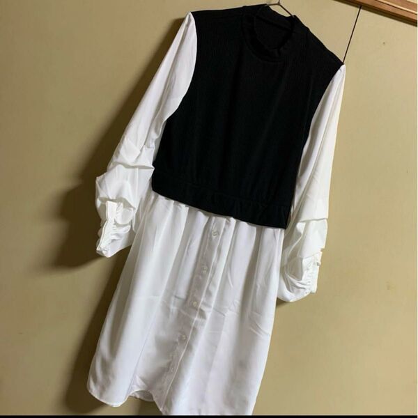 【新品】Toyome 重ね着風 バルーン袖 ロング レイヤード チュニック M ワンピース
