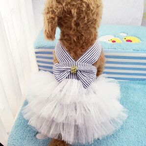犬 ドッグ 服 お洋服 ワンピース ストラップ リボン フリル ブルー 青 夏 春 秋 清楚 犬服 ドッグウェア りぼん