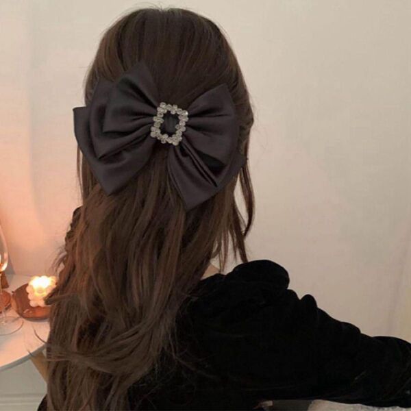 ビジュー付き黒サテンリボン ヘアアクセサリー 韓国 量産型 ビッグリボン