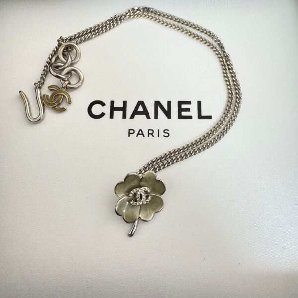 希少 CHANEL シャネル ネックレス クローバー ラインストーン シルバー アクセサリー ココマーク