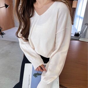 【タグ付き新品未使用】やさしい肌ざわり長袖Vネックニットトップス 白