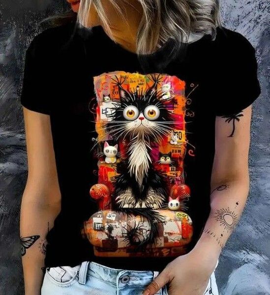 大きめサイズ★黒猫ちゃんプリント★半袖Tシャツ★L~