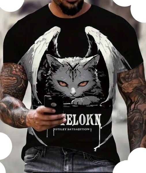 男女兼用★大きいサイズ★幾何学的な翼持つ猫ちゃんプリント半袖Tシャツ★XXL~