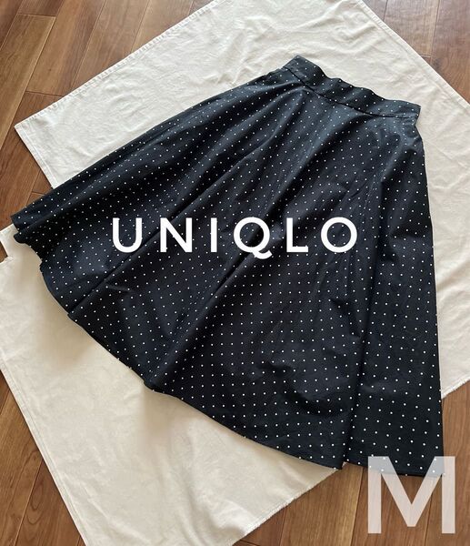 UNIQLO ユニクロ サーキュラースカート 黒に白のドット コットンブレンド M