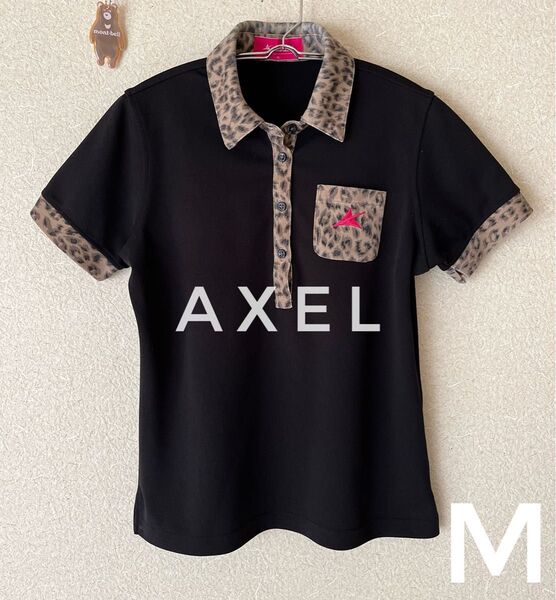 【美品】AXELつるやGOLF ゴルフウェア ポロシャツ ヒョウ柄 M ピンクロゴ刺繍
