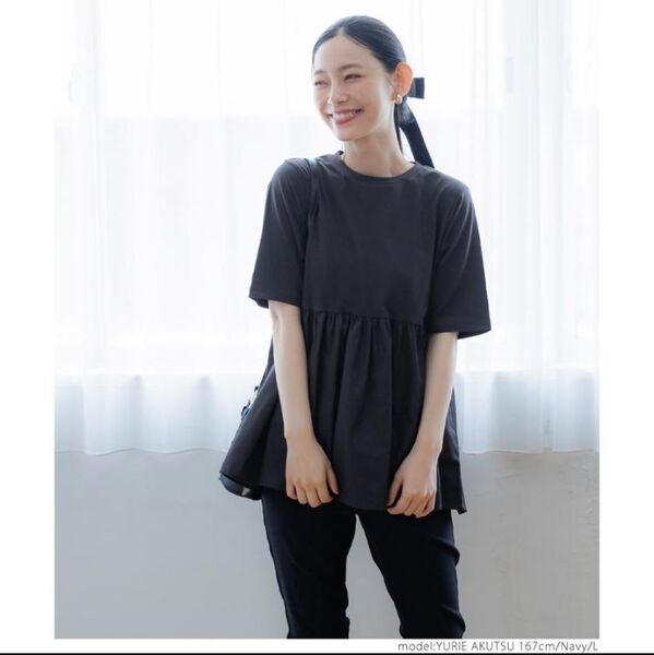 コカ coca異素材ドッキングペプラムカットソー フレアトップス Tシャツ